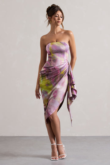 Axel Lilac Print Satin Strapless Wrap Midi Dress